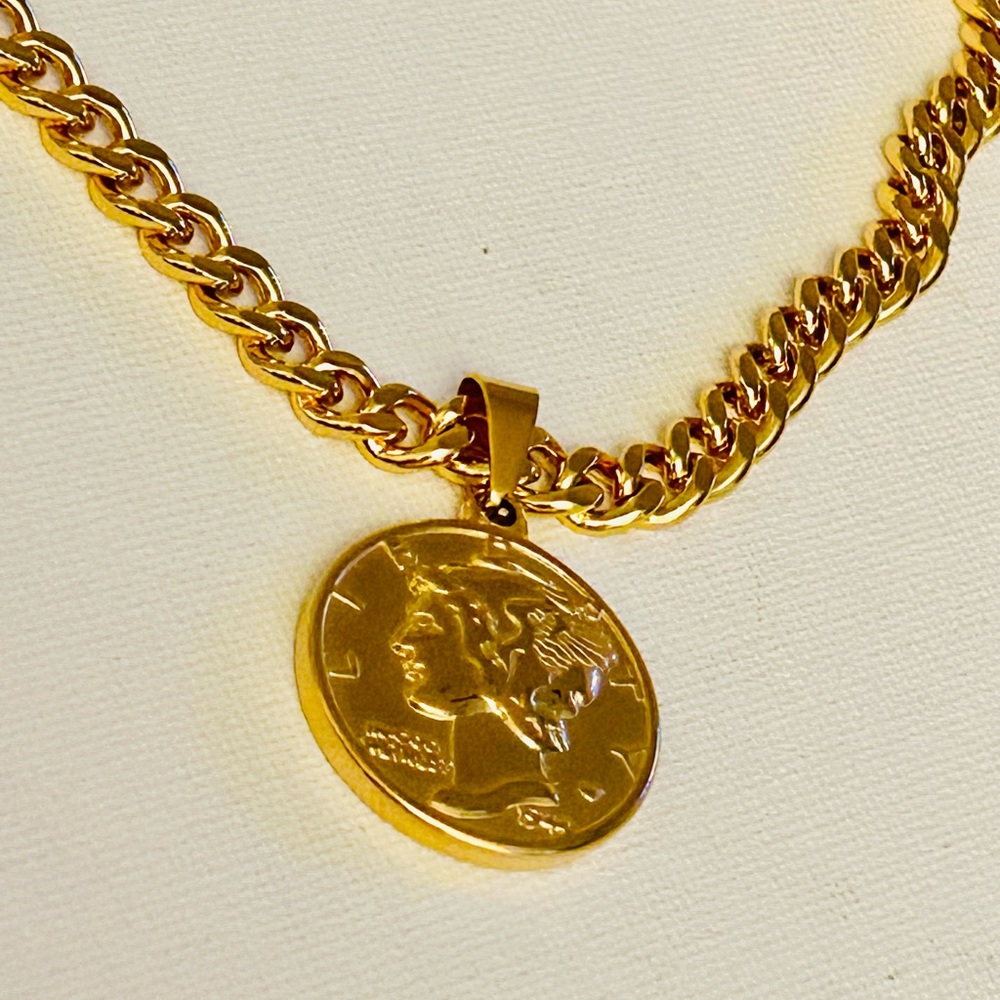 Gold Coin Pendant Necklace Stainless Steel - Picture 5 of 7